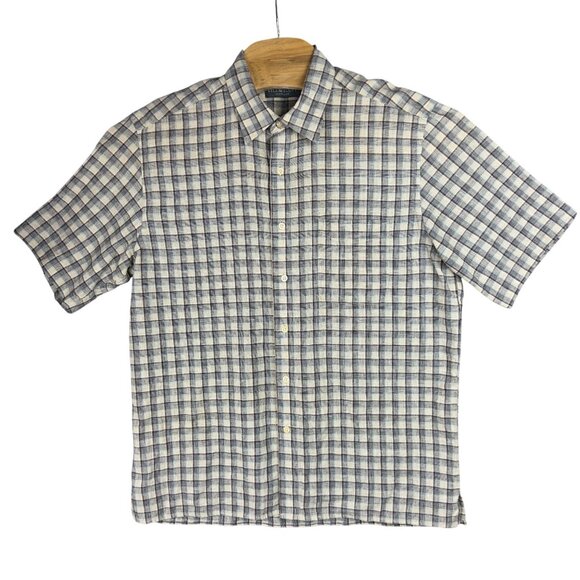 Lyle & Scott Casual Shirt Men's L Checkered Linen Cotton Blue Beige Short Sleeve - Picture 1 of 7